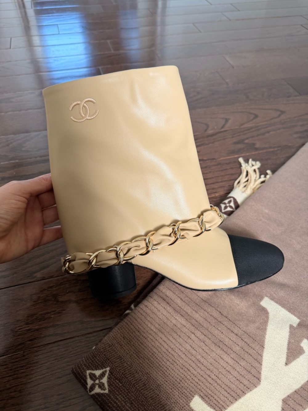 CHANEL Beige Leather Mid-Calf Boots with Black Cap Toe & Gold Chain - Picture 7 of 9